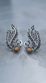 Oxidized Gold-Tone Peacock Ear Cuff Earrings with Teardrop Amber Stone for Traditional Wear