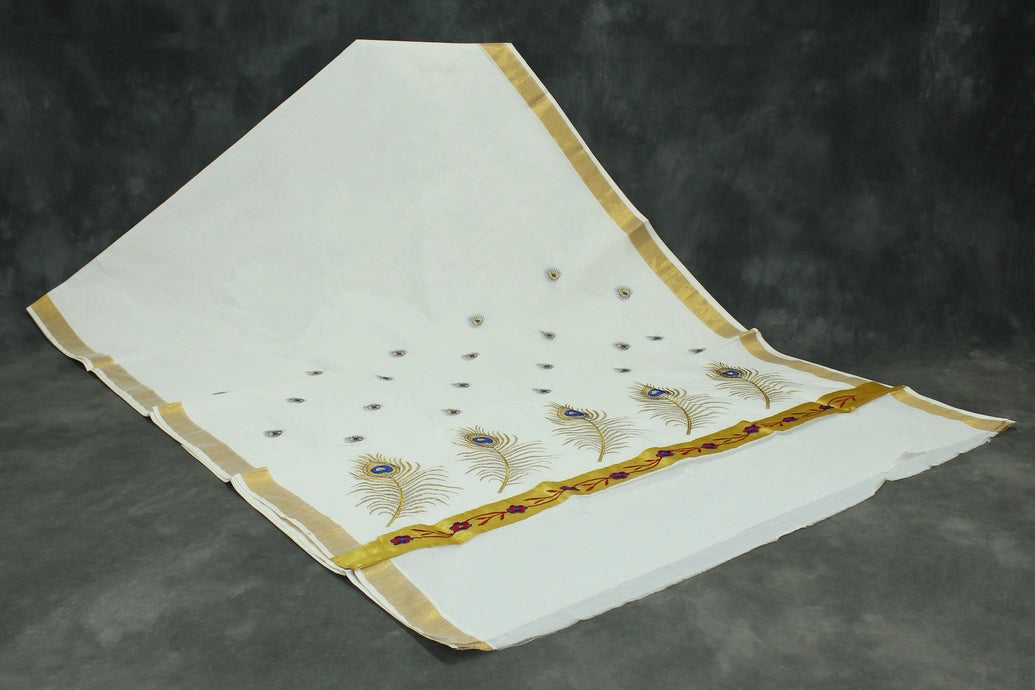 Pure Kerala Cotton White Saree – Gold Zari Peacock Embroidery with Blouse Piece