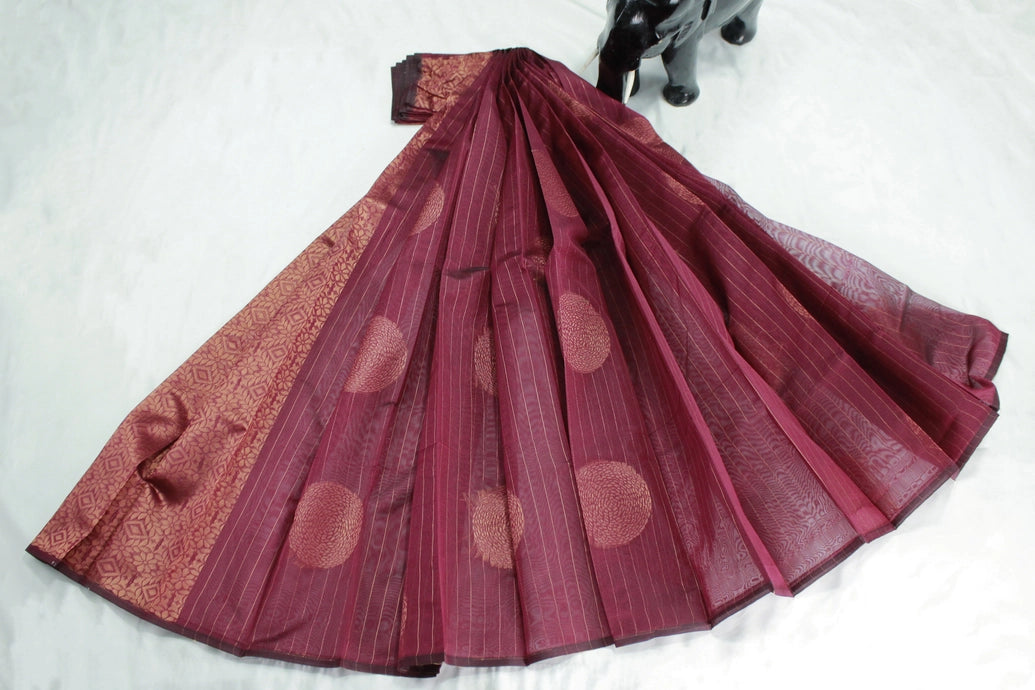 Maroon Silk Cotton Saree with Zari Border, Borderless Finish and Matching Blouse