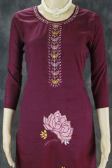 Dark Purple Floral Embroidered Kurti Pant Set with Chiffon Dupatta and Beads Work Neck Design