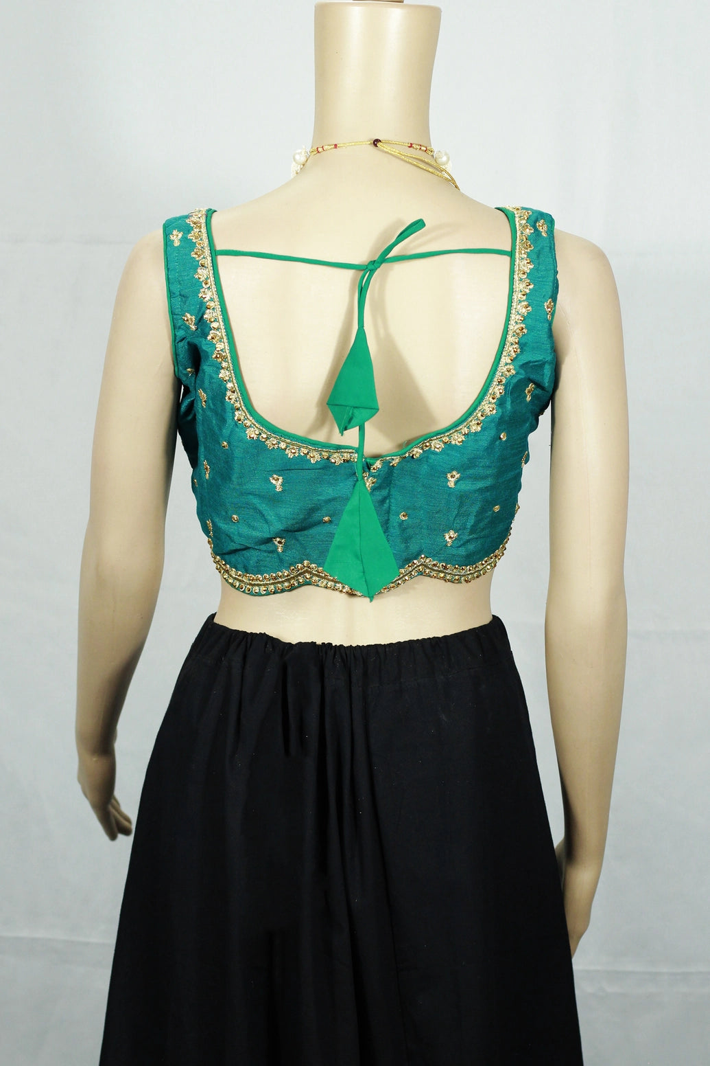 Teal Blue Sequin Floral Padded Sleeveless Readymade Designer Blouse with Back Knot, Fully Stitched
