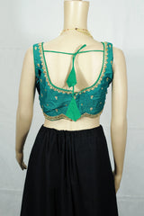 Teal Blue Sequin Floral Padded Sleeveless Readymade Designer Blouse with Back Knot, Fully Stitched