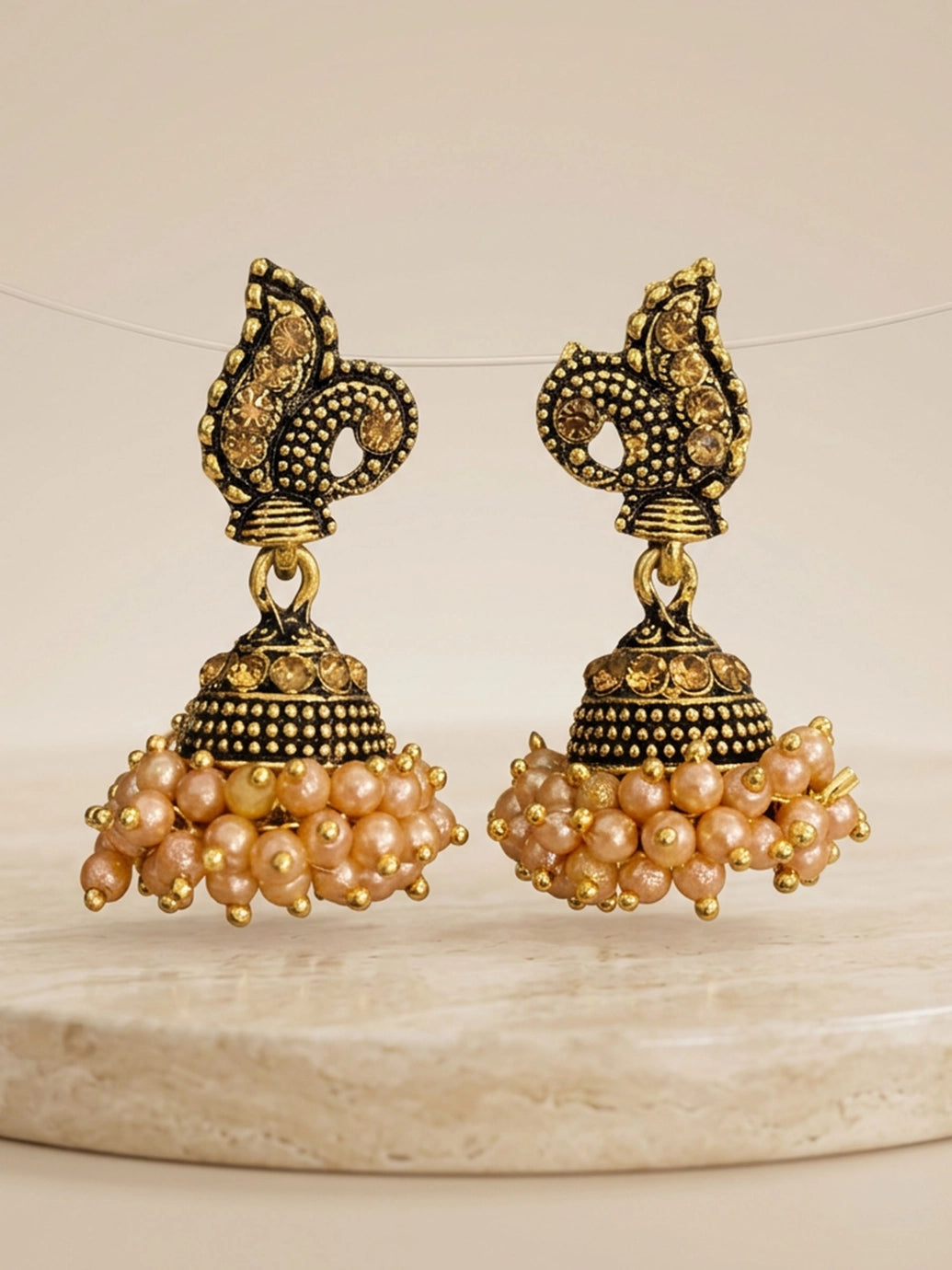 Peach Jhumka Style Antique Look Beaded Earrings for Women, Traditional Floral Leaf Motif