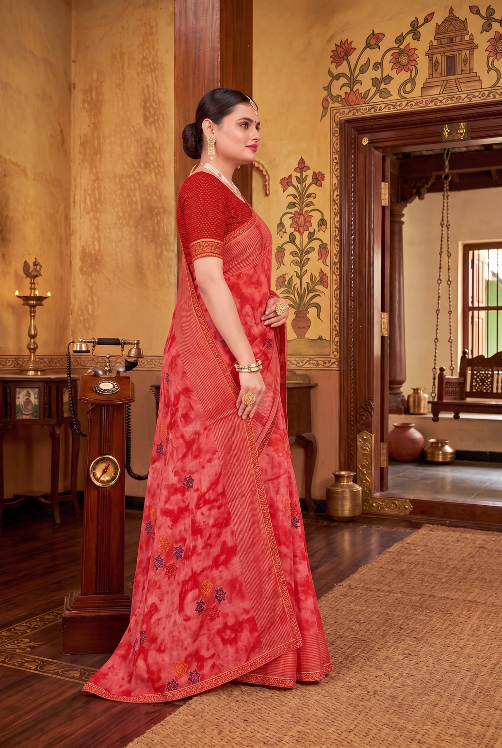 Pink Chiffon Fancy Saree with Tie-Dye Star Motifs and Shimmer Striped Border with Blouse