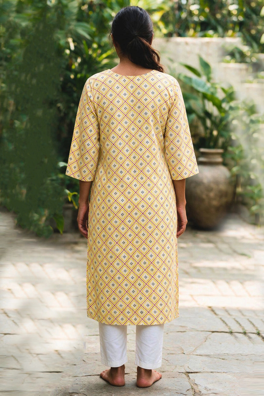 Yellow Cotton Kurti with Floral Print, Lace Detailing and Wooden Button Placket for Women