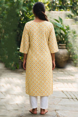 Yellow Cotton Kurti with Floral Print, Lace Detailing and Wooden Button Placket for Women
