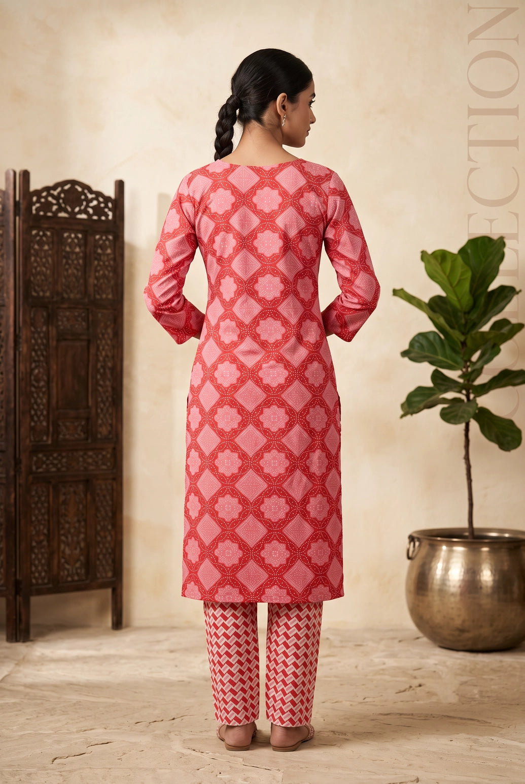 Pink Cotton Kurti with Matching Printed Pant Set for Women | Lace Detail & Decorative Buttons