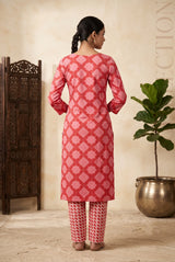 Pink Cotton Kurti with Matching Printed Pant Set for Women | Lace Detail & Decorative Buttons