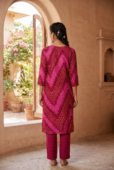 Pink Rayon Geometric Print Kurti with Elastic Pant 2-Piece Set for Women