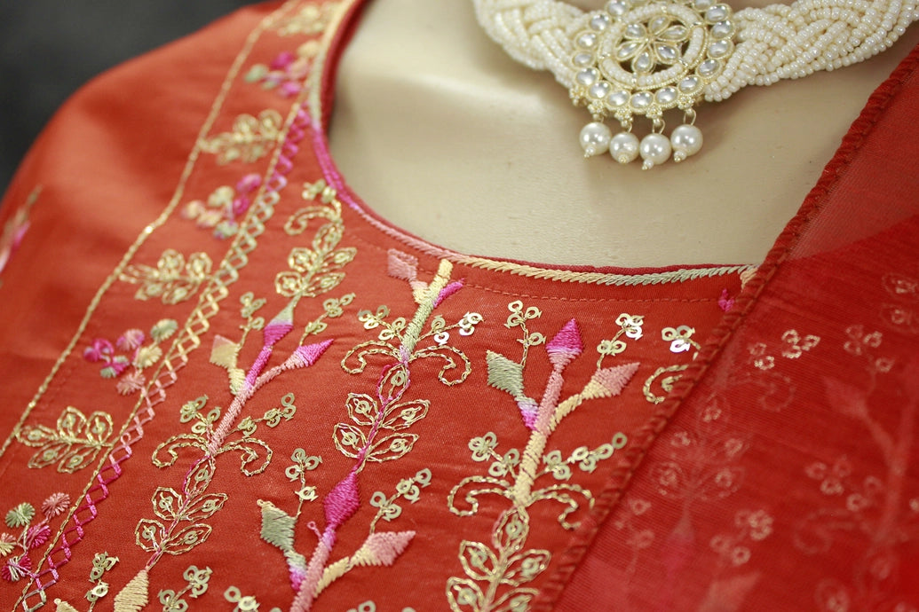 Roman Silk 3-Piece Salwar Kameez Set with Organza Digital Dupatta - Orange, Zari & Sequin Embroidered Neck