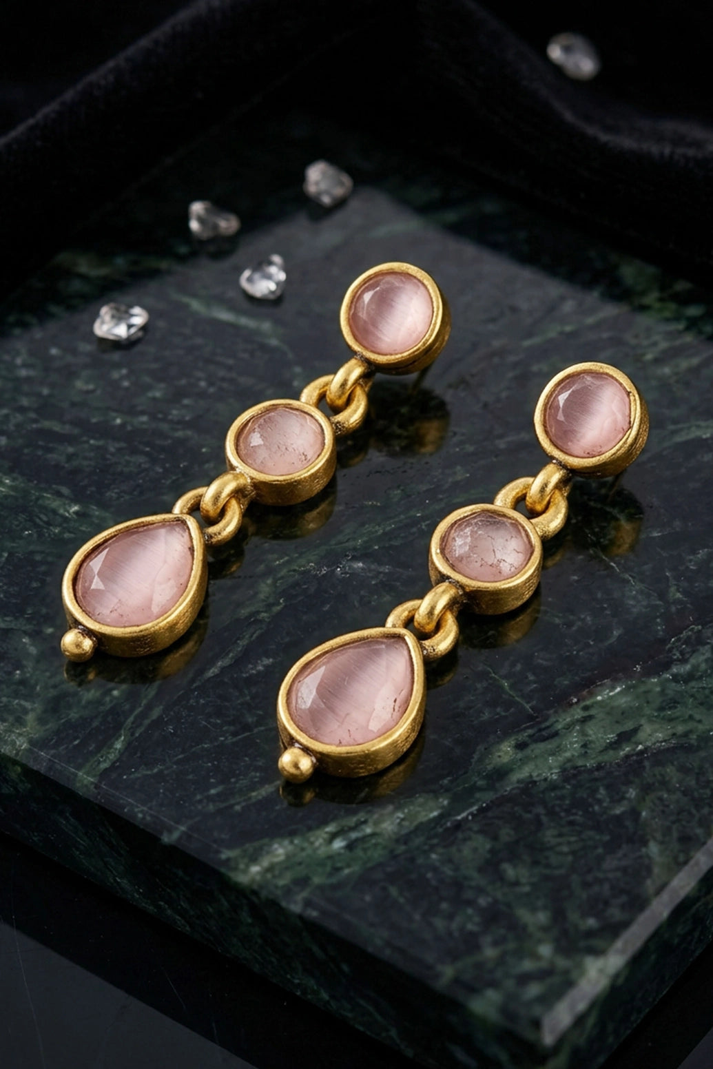 Light Pink Gold-Tone Teardrop Dangling Fashion Earrings with Three Oval Stones, Women Ethnic Party Wear