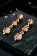 Light Pink Gold-Tone Teardrop Dangling Fashion Earrings with Three Oval Stones, Women Ethnic Party Wear