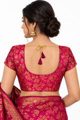 Rani Pink Floral Padded Readymade Sari Blouse with V-Neck, Short Sleeves and Back Knot for Wedding Wear