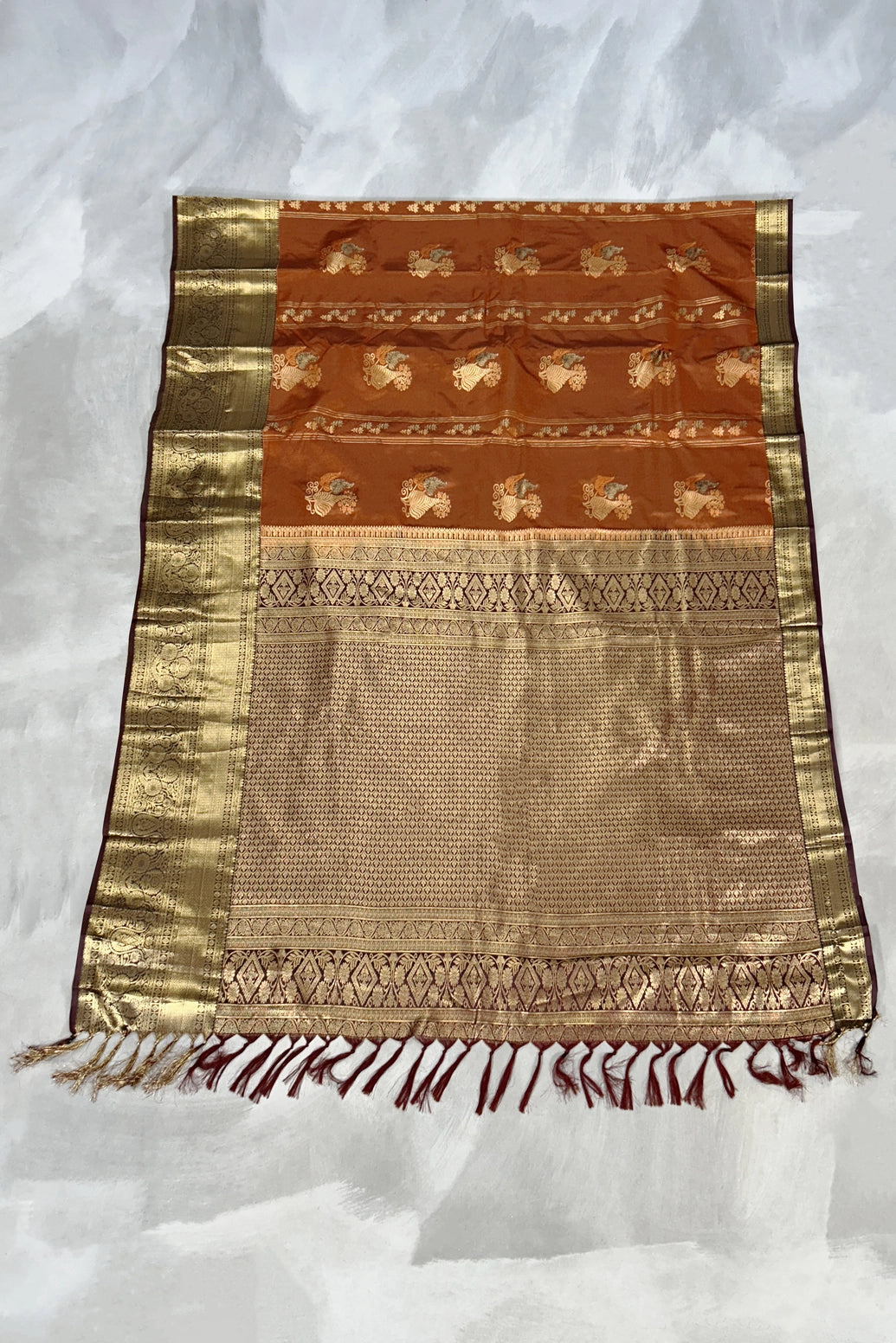 Pure Silk Saree with Heavy Pallu and Border, Silk Mark, Maroon & Gold Woven Design
