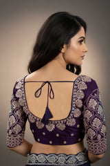 Deep Violet Zari Floral & Paisley Padded Ready-to-Wear Blouse with Knot Back and 3/4 Sleeves