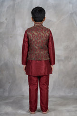 Maroon Boys Koti 3-Piece Kurta Set with Nehru Waistcoat, Matching Pants & Decorative Brooch