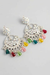 Multi Color Silver-Tone Floral Stud Moon Hoop Earrings with Bead Danglers for Women