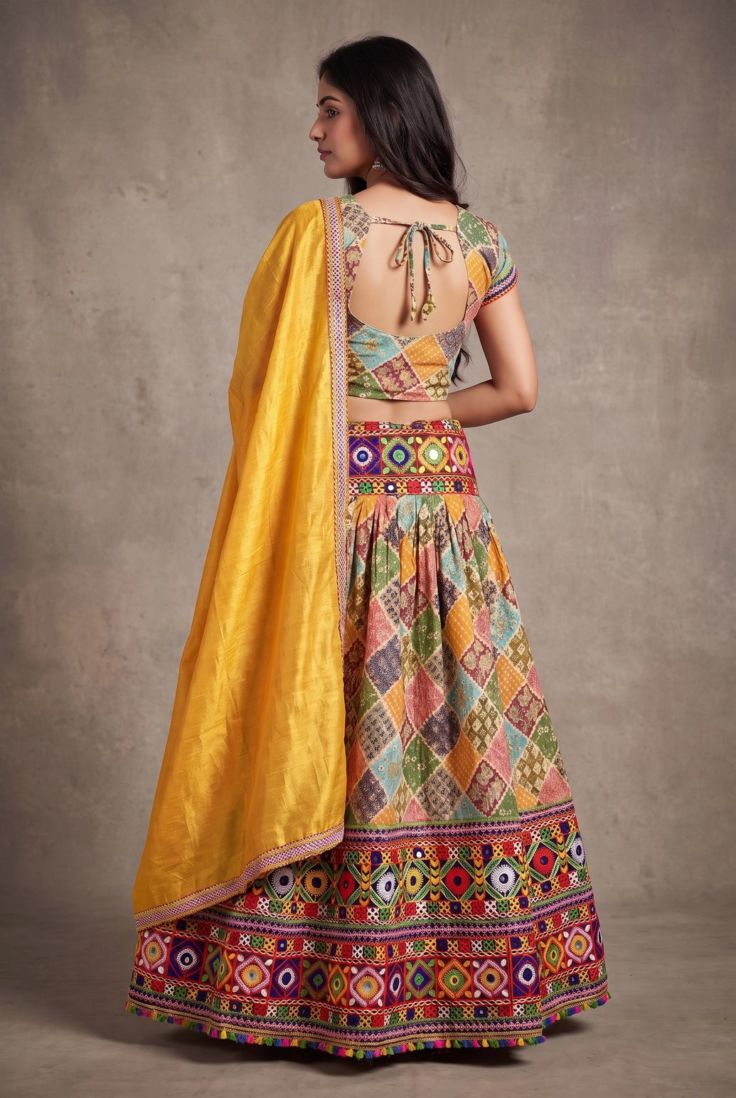 Multicolor & Yellow Designer Navratri Chaniya Choli with Camel Block Print and Matching Dupatta