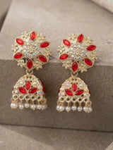 Red Stone Silver Oxidised Jhumka Earrings with Stud Top and Beaded Drop for Festive Wear