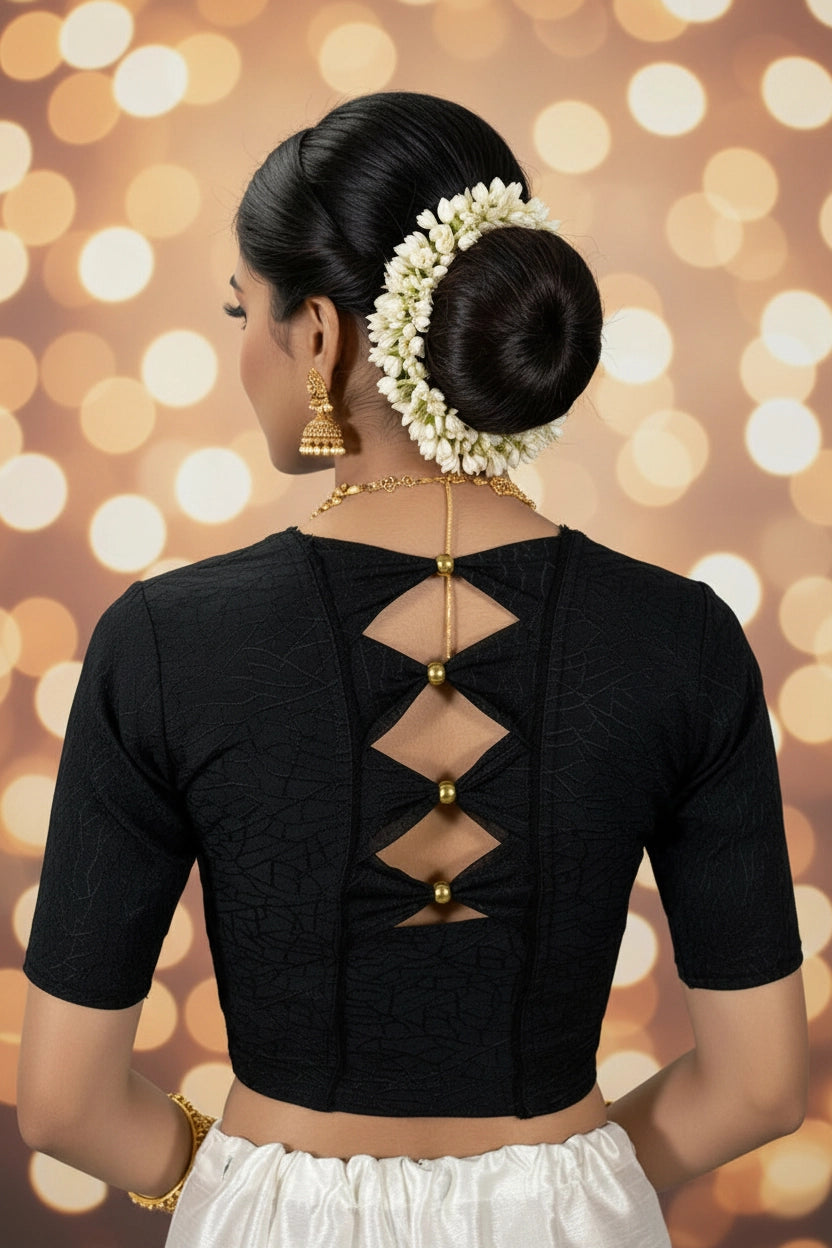 Black Plain Stretchable Ready-Made Designer Blouse with Gold-Tone Bead Work, Elbow Sleeve, Fully Stitched
