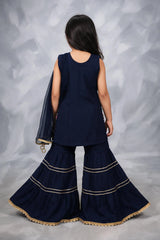 Girls Navy Blue Satin Garara 3-Piece Ethnic Set with Golden Border Sleeveless Top and Flared Pants