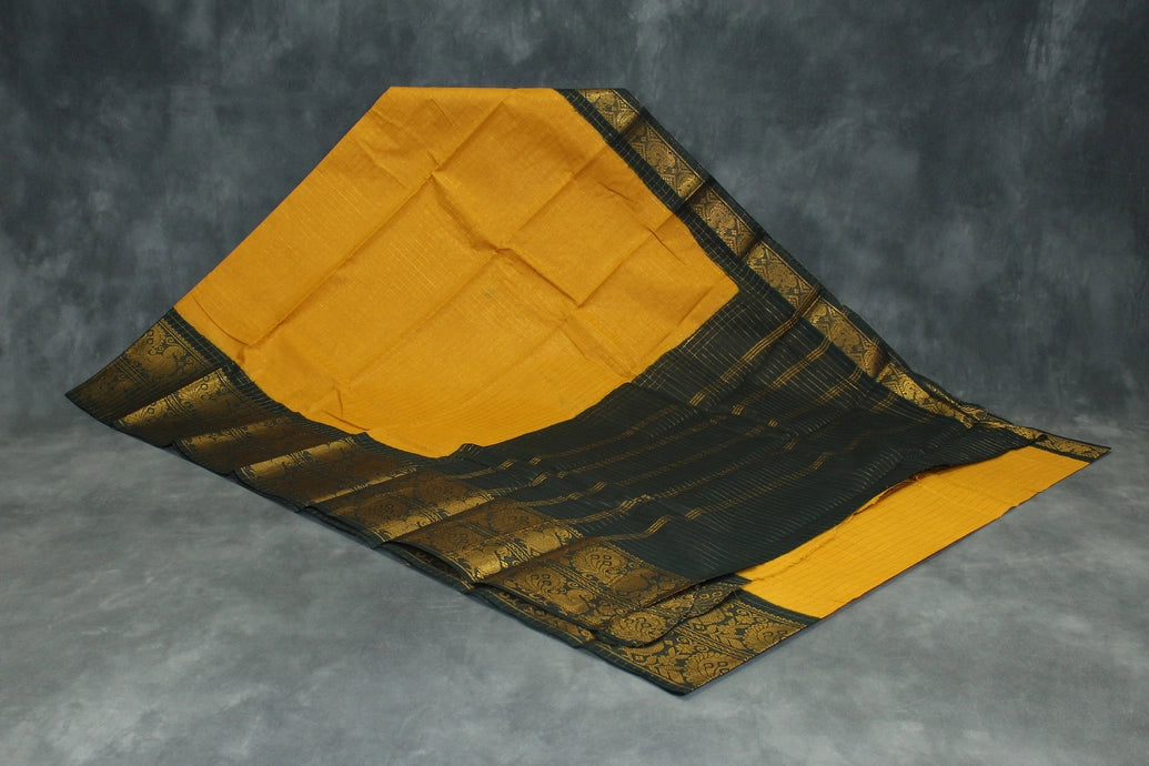 Mustard Yellow Sungudi Cotton Saree with Peacock Gold Zari Double Border