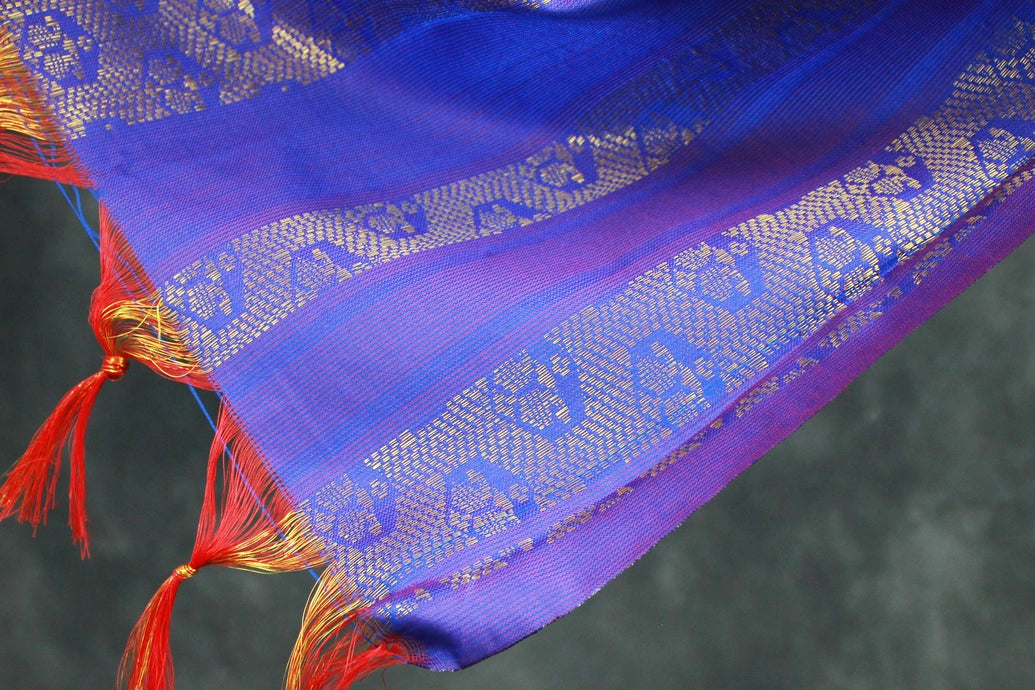 Violet Ponnadai Poly Silk Jacquard Temple Shawl with Zari Pattern and Tassels for Pooja Weddings Functions