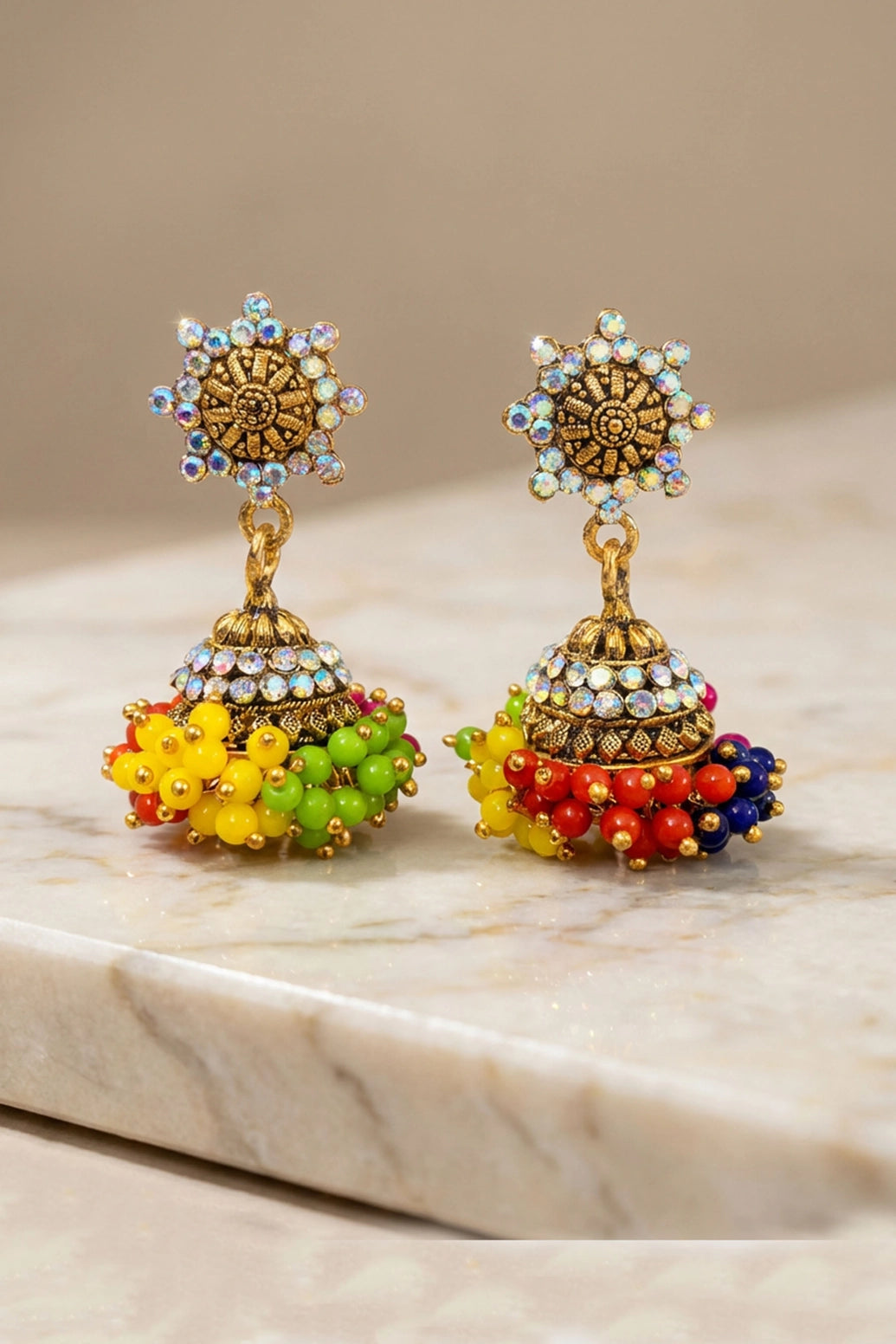 Traditional Jhumka Earrings with Dome Design, Multi-Color Beads and Stone Work, Gold-Tone Fashion Jewellery for Women