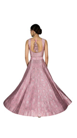 Dusty Pink Jacquard Silk Lehenga with Matching Sleeveless Blouse and Silver Zari Motifs