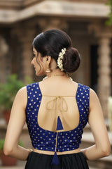 Navy Blue Readymade Designer Padded Blouse with Golden Butti Motifs and Dori Tie