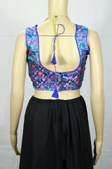 Sky Blue Readymade Padded Designer Blouse with Intricate Zari Woven Motifs, Sleeveless, Back Knot