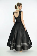 Black Silk Lehenga with Silver Stripe Border and Sleeveless High-Neck Blouse