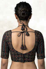 Black Ajrakh-Inspired Padded Cotton Blouse with Zigzag Geometric Motifs, Elbow Sleeve & Back Knot