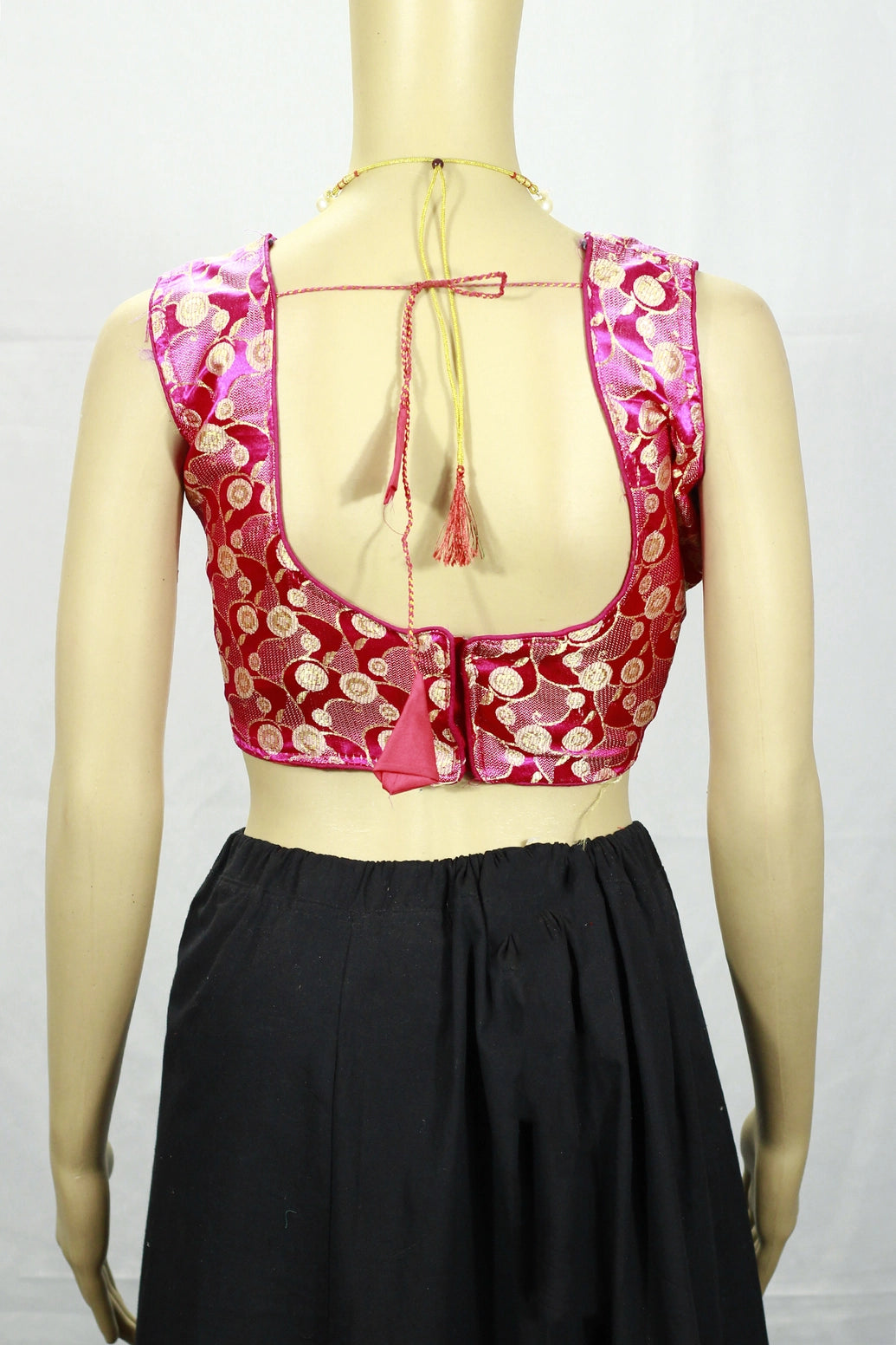 Pink Readymade Designer Padded Blouse with Zari Circular Motifs, Sleeveless, Back Knot, Fully Stitched