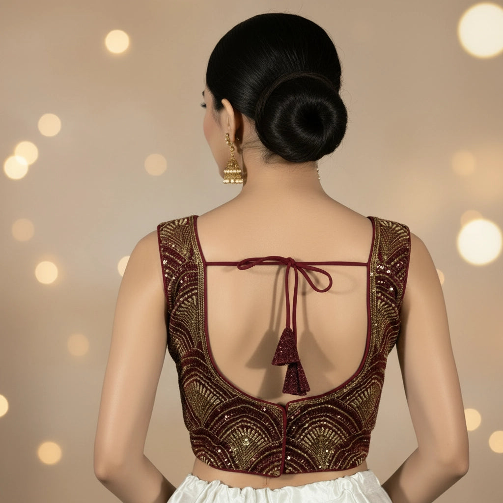 Maroon Readymade Designer Padded Blouse with Zari Scalloped Embroidery, Back Knot, Sleeveless