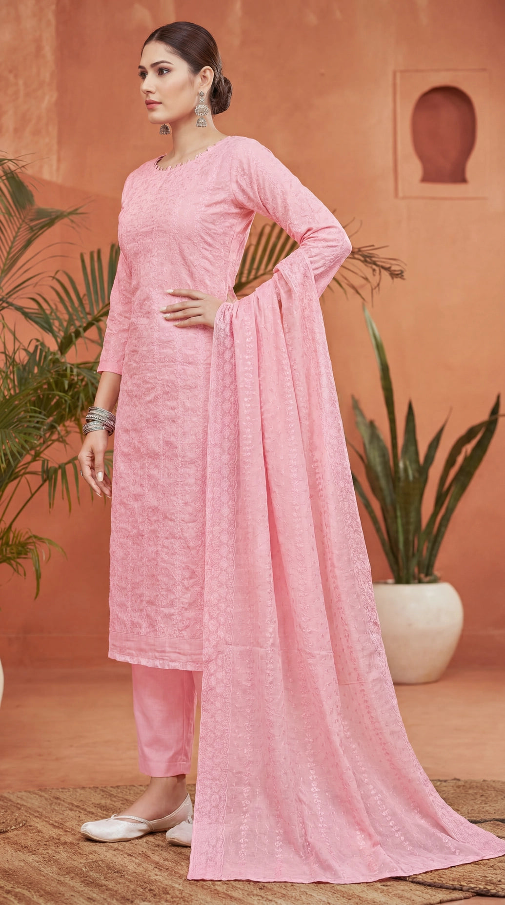 Light Pink Cotton 3-Piece Kurti Set with Floral Print Pant & Schiffli Work Dupatta for Daily Ethnic Wear