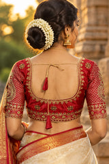Red Padded Designer U-Neck Blouse with Zari Floral Butta, Fully Stitched Elbow Sleeves & Back Knot