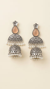 Oxidised Silver-Finish Peach Teardrop Jhumka Earrings with Floral Top and Pearl Bead Hangings