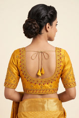 Yellow Designer Padded Blouse with Zari Work, Floral & Paisley Motifs, U-Neck, Elbow Sleeve and Back Knot
