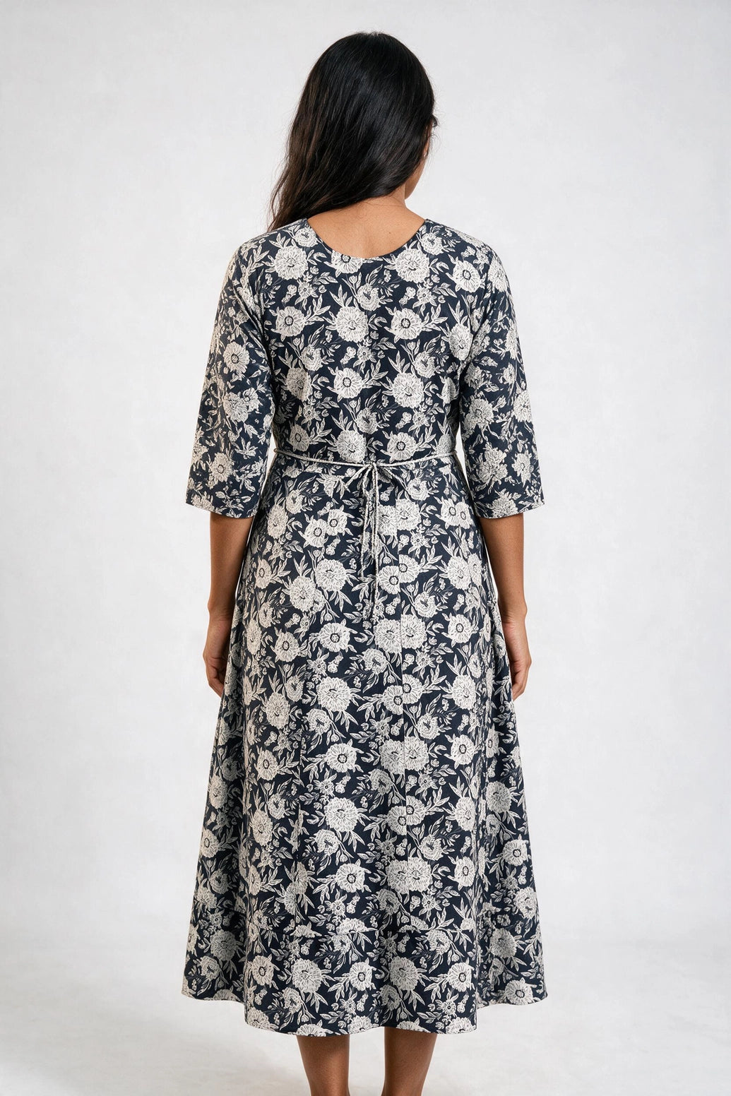 Black Cotton Anarkali Kurti Gown with Dori Design, Geometric Floral Print and Golden Piping Accents