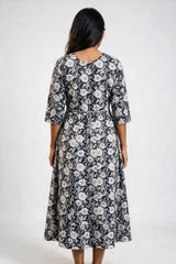 Black Cotton Anarkali Kurti Gown with Dori Design, Geometric Floral Print and Golden Piping Accents