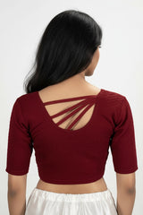 Maroon Readymade Designer Stretchable Blouse with Elbow Sleeves and Back Crisscross Straps