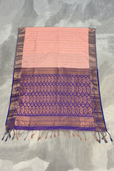 Peach Semi Soft Silk Saree with Contrast Border and Delicate Gold Zari Buttas