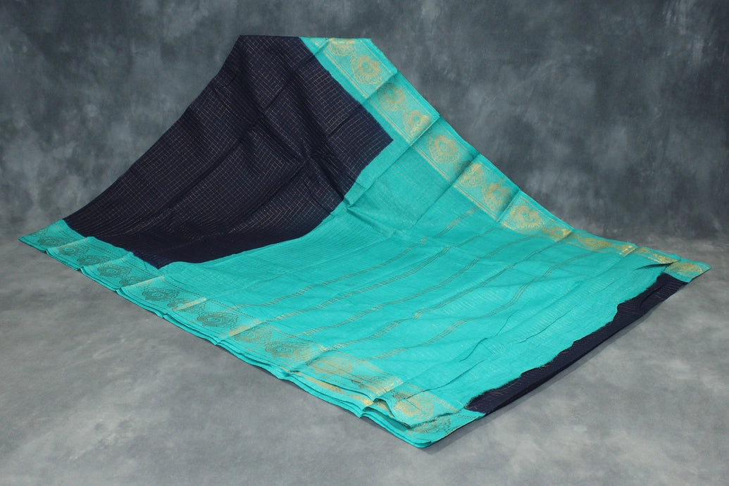 Navy Sungudi Cotton Saree with Gold-Checked Weave & Peacock Zari Border Saree JCS Fashions