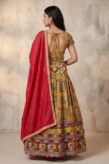 Designer Navratri Chaniya Choli Set with Camel Block Print, Multicolor & Red Lehenga Choli