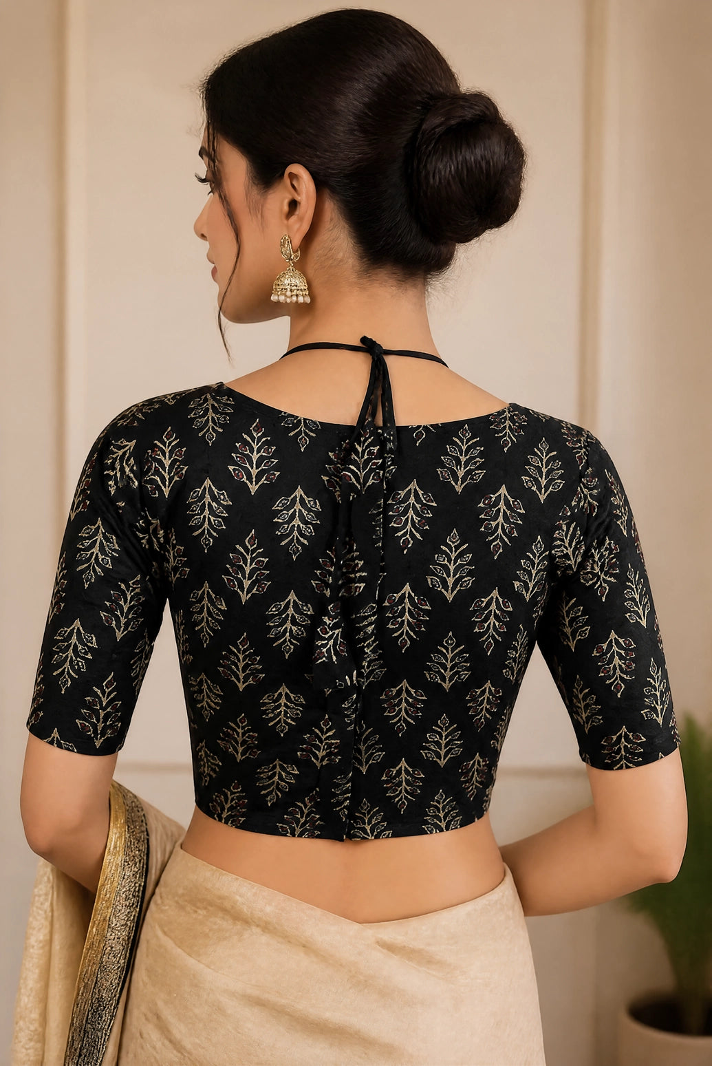 Black Floral Print Padded Cotton Blouse with Leaf Motifs, Elbow Sleeves & Back Knot, Readymade Designer Blouse