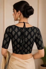 Black Floral Print Padded Cotton Blouse with Leaf Motifs, Elbow Sleeves & Back Knot, Readymade Designer Blouse