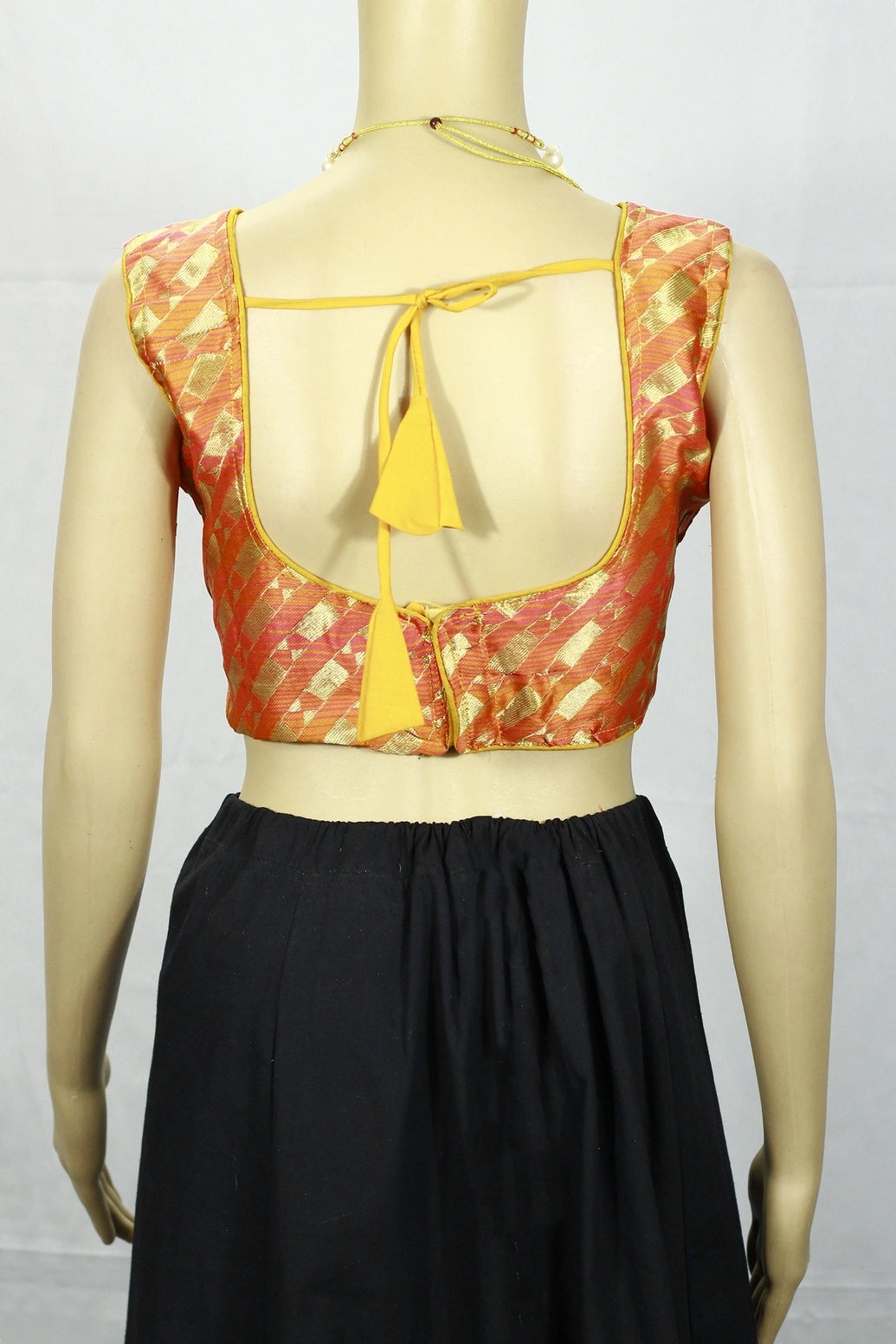 Orange Geometric Zari Padded Ready-to-Wear Sleeveless Blouse with Back Knot, Fully Stitched