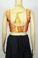 Orange Geometric Zari Padded Ready-to-Wear Sleeveless Blouse with Back Knot, Fully Stitched