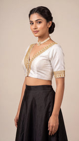 White V-Neck Padded Designer Blouse with Gold Zari Embroidery and Sequin Neckline, Elbow Sleeves